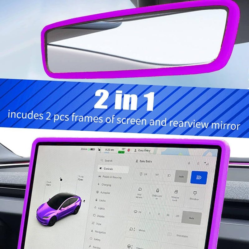 Yeapop 2Pcs Silicone Protector Frames of Screen and Rear View Mirror for Tesla Model 3 2024 Highland and Model Y 2025 Juniper. (Purple) - Image 3